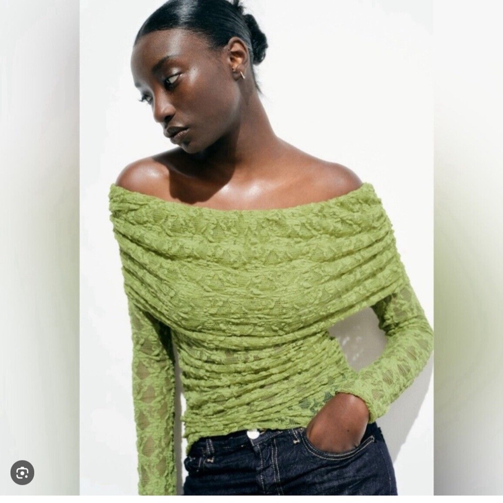 NWT Zara Long Sleeve Top, Sheer Lace, Off the Shoulder, Pistachio, Size: Small